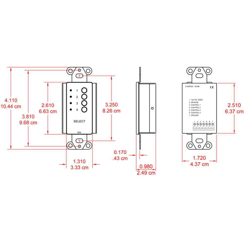 RDL DS-RC4M 4-Channel Remote Source Selector for D-SERIES (Stainless) - Custom Engraving Option