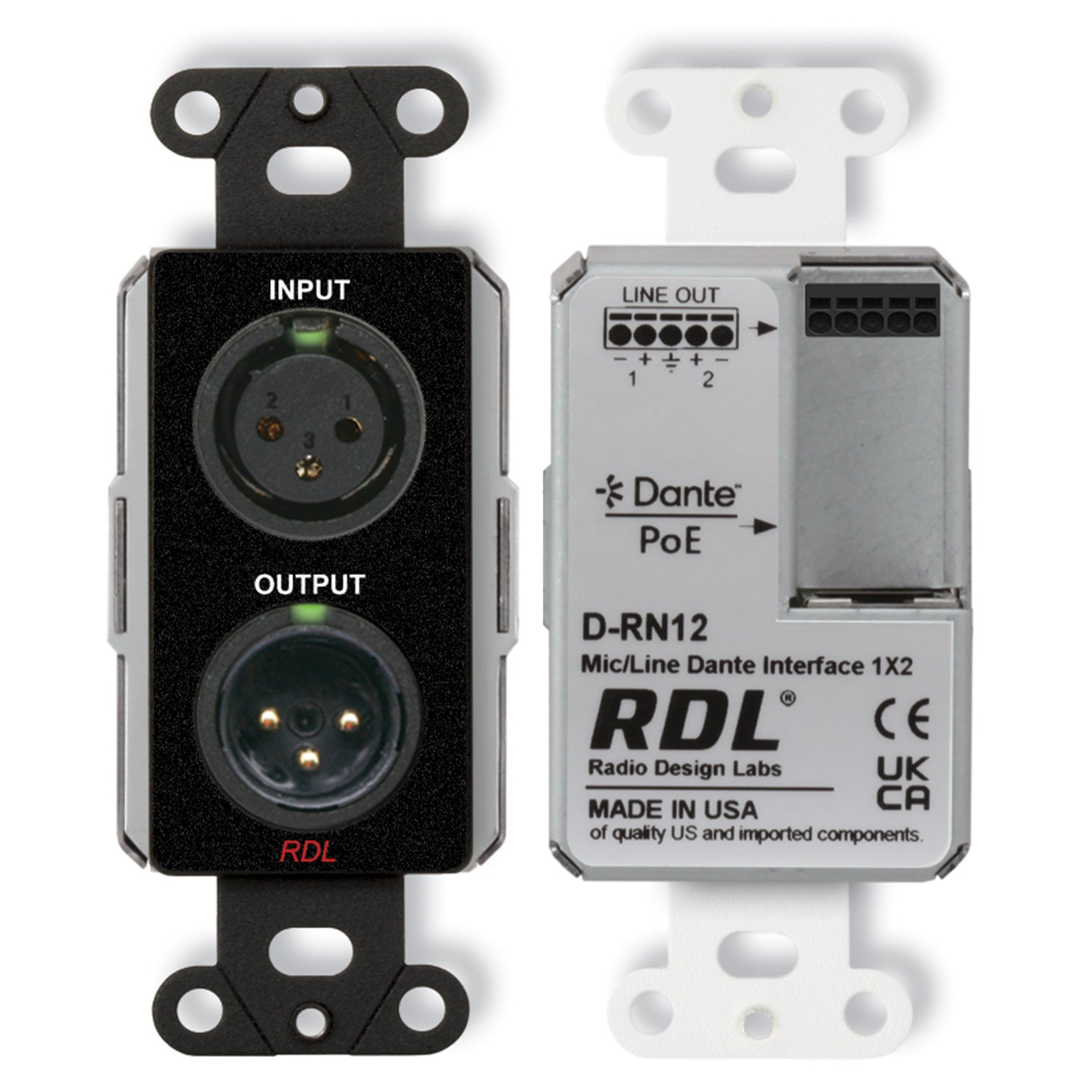 RDL DB-RN12 - 1x2 Wall-Mount Bi-Directional Mic/Line Dante Interface (Black) - Custom Engraving