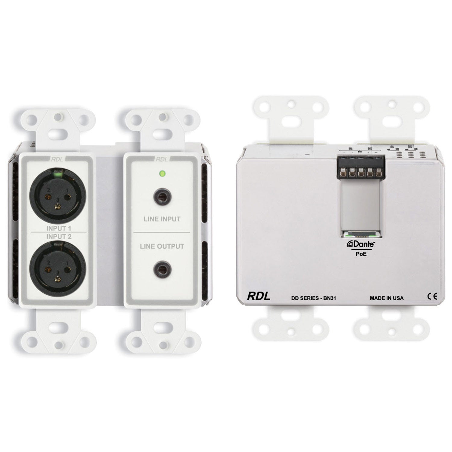 RDL DD-BN31 Wall Mount 4-In 4-Out Mic/Line to Dante Interface (White) - Custom Engraving Option